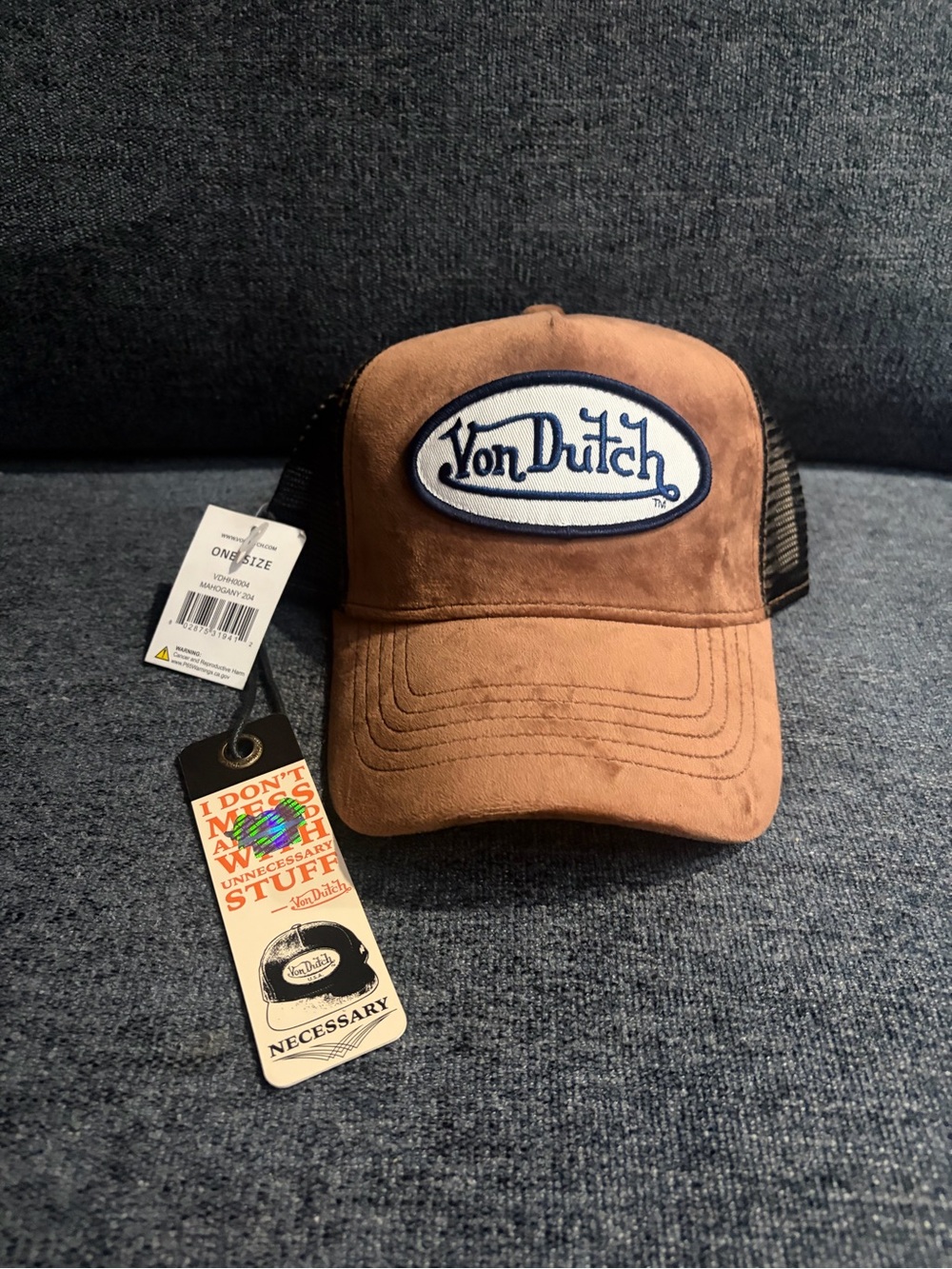 Von Dutch Black Mesh Trucker Hat with Brown Suede Trim